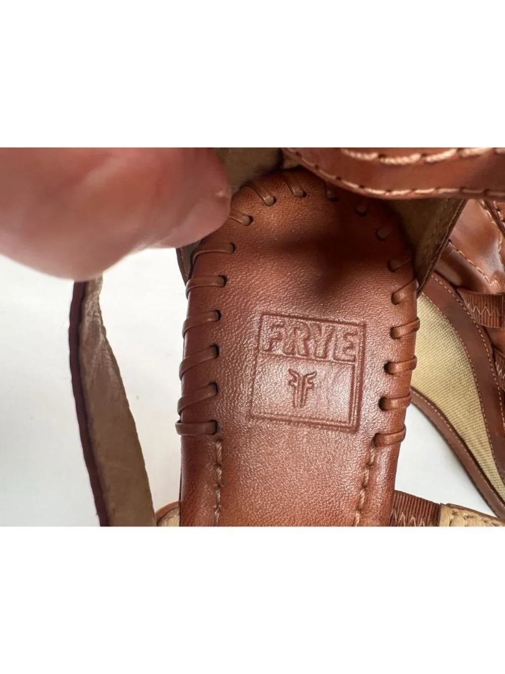 FRYE Corrina Wedge Sandals Tan Brown Leather Canvas Platform Heel 9.5